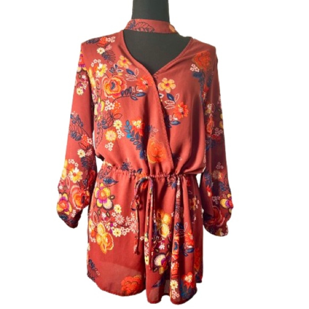Red Floral Romper Attached Choker. Long 3/4 Sleeve Size Medium Timing Mini - Picture 5 of 13